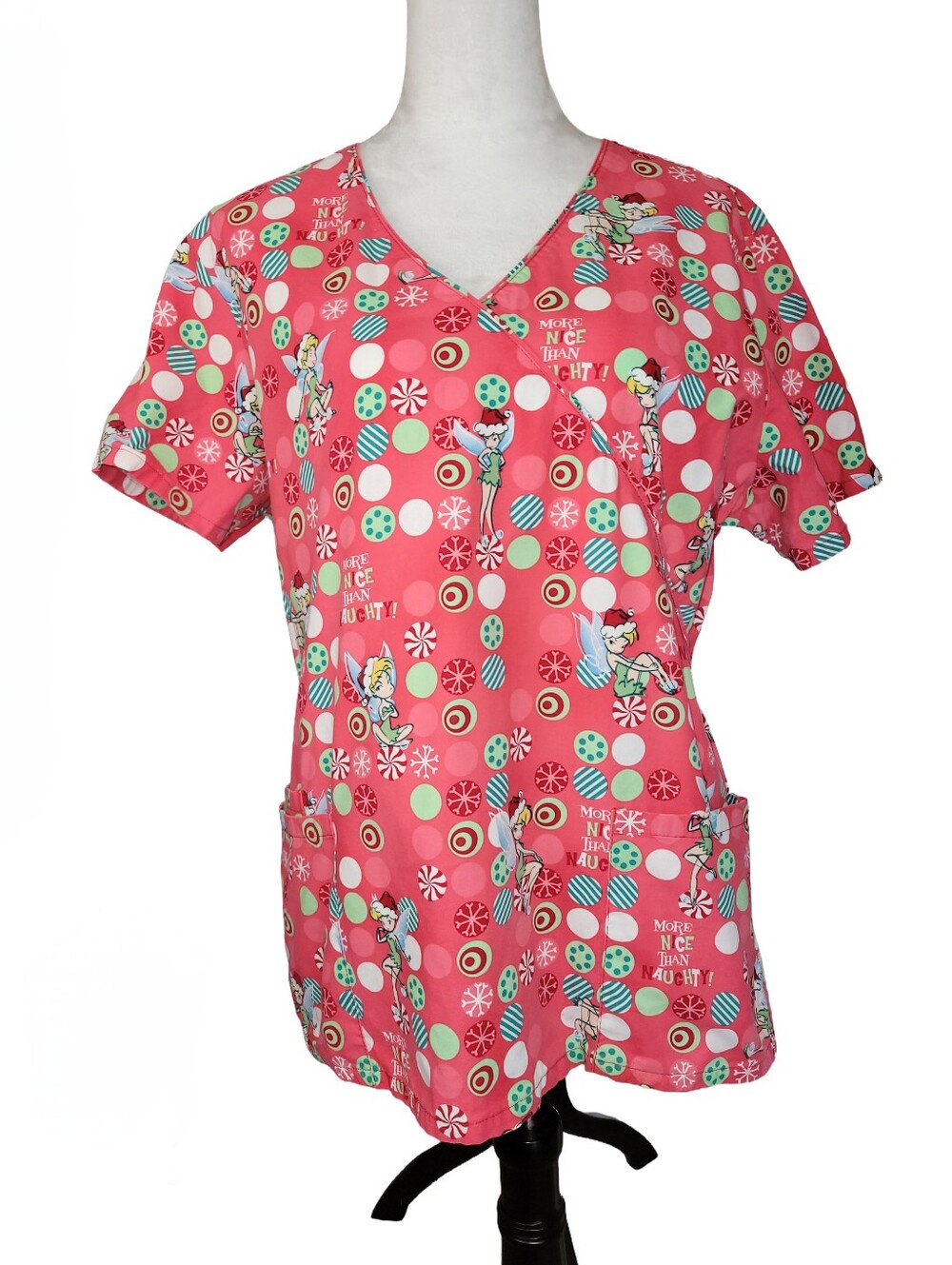 Disney Tinkerbell Christmas Holiday Scrub Top "More Nice Than Naughty" Size Lg